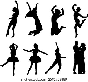 Dancing and cheering 2D people silhouette, icon, symbol vector art illustration in black with white background.