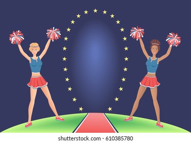 Dancing cheerleaders with pom-poms near the stargate. European girl with red hair and an African girl with dark curly hair. Vector illustration.