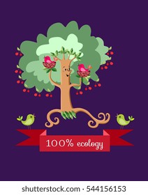 Dancing cherry tree in the form of a stylized woman with bird nests on the branches.
Cute cartoon vector illustration isolated on dark - lilac background. Unusual greeting card. Ecology design.