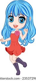 Dancing Chibi Girl with Blue Hair. Vector Illustration Cartoon Character Anime