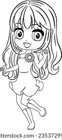 Dancing Chibi Girl for Coloring Page. Vector Illustration Cartoon Character Anime