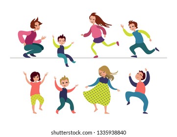 Dancing children. Set of figures happy kids. Kindergarten. Birthday party. Festival. Silhouettes of boys and girls in motions (dancing, running, sitting). Cartoon characters. Vector illustration.