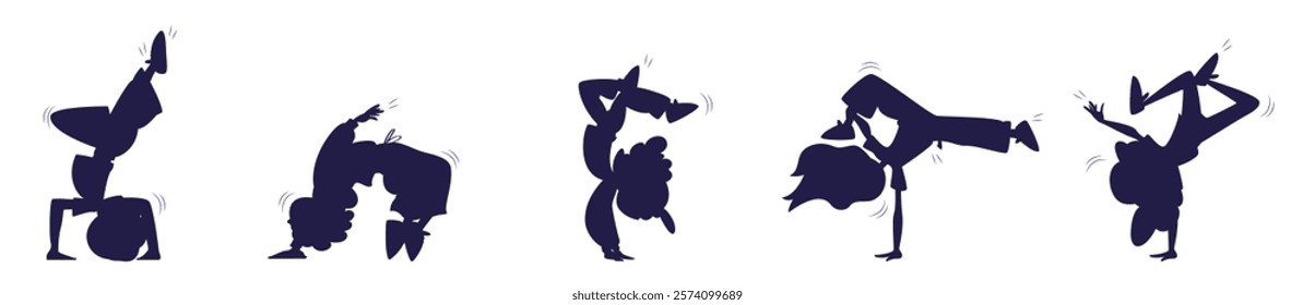 Dancing children silhouettes. Kid young little dancer silhouette, youth dance club or sport gymnastics school logo active child jumping shadow music freestyle vector illustration original artwork