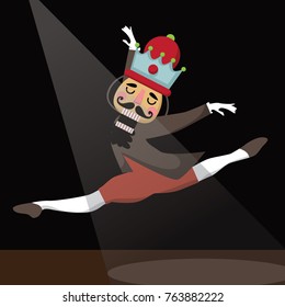 Dancing Christmas nutcracker cartoon illustration. Wooden soldier toy gift performs ballet. EPS 10 vector illustration.