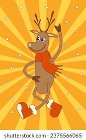 Dancing Christmas reindeer in trendy retro groovy style.Vector illustration for design, cards, banners, posters, backgrounds.