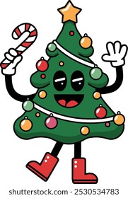Tanzender Weihnachtsbaum mit Zuckerrohr und Ornamenten Illustration