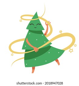 Dancing Christmas tree. Fictional character in cartoon style