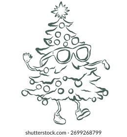 Tanzender Weihnachtsbaum. Illustration für Linienkunst.