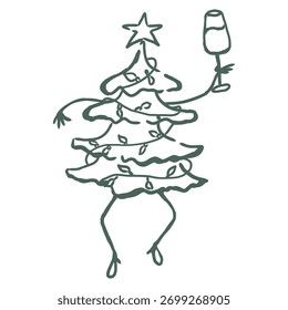 Dancing Christmas Tree. Line Art Illustration.