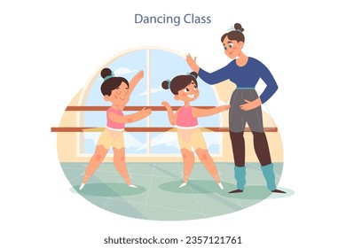 Dancing class. Little school girls and choreographer in dance studio. Ballet dancing courses for children. Classical dance education. Flat vector illustration