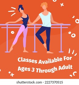 Dancing classes for children and adults, available from age three. Improving skills an learning new movements, recommendations from teacher. Choreography and educations. Vector in flat style