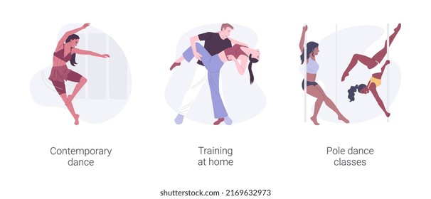 Dancing classes isolated cartoon vector illustrations set. Contemporary dance, training at home alone, pole dance classes, physical activity, professional performance vector cartoon.