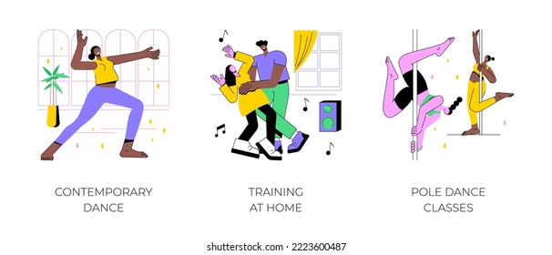 Dancing classes isolated cartoon vector illustrations set. Contemporary dance, training at home alone, pole dance classes, physical activity, professional performance vector cartoon.