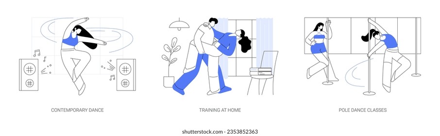 Dancing classes isolated cartoon vector illustrations set. Contemporary dance, training at home alone, pole dance classes, physical activity, professional performance vector cartoon.