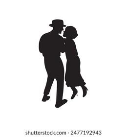 Dancing classes, retro theater performance show. Beautiful retro vintage couple dancing salsa on festival in black isolated on white background. Hand drawn vector silhouette illustration