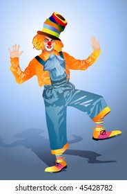 dancing clown in dark blue combination and cap on blue background