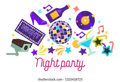 Dancing club night party items disco ball and champagne vector vinyl disc and star-shaped glasses cocktail and female shoe camera and music celebration alcohol bottle signboard with lights accessory