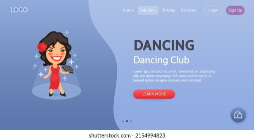 Dancing Club Website Template. Illustration Of A Cartoon Latin Salsa Dancer Lady On Stage. Composition With A Professional Woman. Flat Female Character.