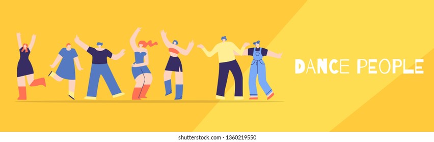 Dancing Clubbing People. Night Club Disco Party Musical Festival Concert Audience Text Banner. Flat Style Vector Illustration Fancy Hangout Cartoon Crowd. Advertising Poster Music Fest Dance Marathon