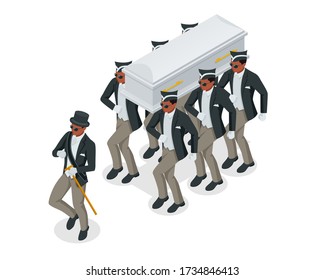 Dancing Coffin. Meme with black men who carry the coffin and dance. Isometric illustration