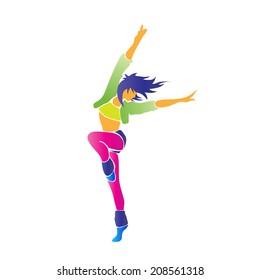 dancing colorful girl on white background. Vector illustration.