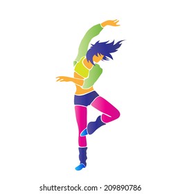 dancing colorful girl on white background. Vector illustration.