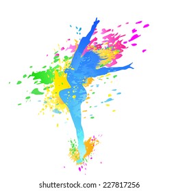 dancing colorful girl splash paint dance on white background. Vector illustration.
