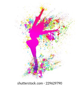 dancing colorful girl splash paint dance on white background. Vector illustration.