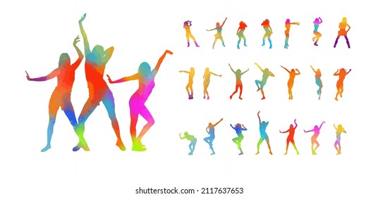Dancing colorful girls. Set of rainbow silhouettes. Vector illustration
