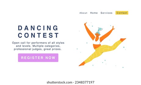 Dancing competition open call landing page design. Modern website home page background template. 