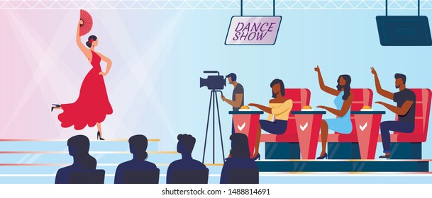 Dancing Competition Shooting Vector Illustration. Spanish Dancer, Judges and Cameraman Cartoon Characters. Young Woman Performing Flamenco, Passionate Artistic Number with Fan. Entertainment Show