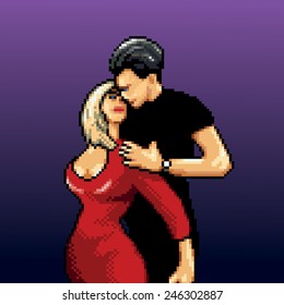dancing couple 8-Bit pixel-art style vector illustration isolated