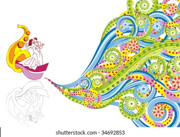 Dancing couple in abstract collage. Format A4. Vector illustration. Isolated groups and layers. Global colors.