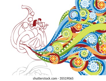 Dancing couple in abstract collage. Format A4. Vector illustration. Isolated groups and layers. Global colors.
