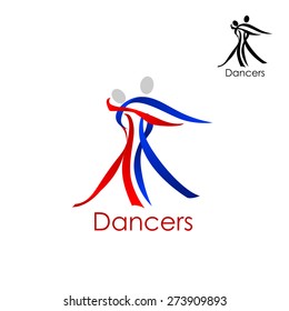 Dancing couple abstract logo or emblem template with man and woman silhouettes composed of red and blue ribbons