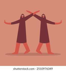 Pareja bailarina de mujeres árabes. Personajes de dibujos animados. Personas Abstractas en movimiento de baile. Citas, amor, relación, coqueteo, diversión, concepto de pasión. Ilustración vectorial plana.