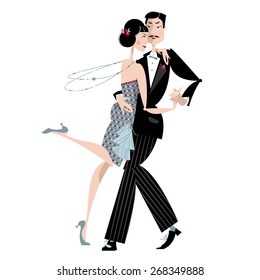 Dancing couple. Art deco. Retro tango. Vector illustration. 