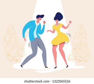 Dancing couple with audience. Rockabilly retro dance party. Happy swing dancers with viewers vector illustration isolated