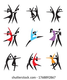 Pareja bailarina, baile de salón, ballet, íconos.
Conjunto de símbolos de baile negros y coloridos. Aislado sobre fondo blanco.  Vector disponible.