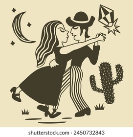 Dancing couple. Brasilian cordel woodcut illustration.