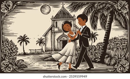 Dancing couple. Brasilian cordel woodcut illustration.