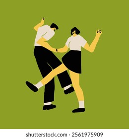 Dancing couple. Cartoon characters. Abstract people with small heads in dance movement. Dating, love, relationship, flirting, fun, passion concept. Hand drawn Vector isolated illustration