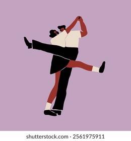 Dancing couple. Cartoon characters. Abstract people with small heads in dance movement. Dating, love, relationship, flirting, fun, passion concept. Hand drawn Vector isolated illustration