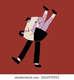 Dancing couple. Cartoon characters. Abstract people with small heads in dance movement. Dating, love, relationship, flirting, fun, passion concept. Hand drawn Vector isolated illustration