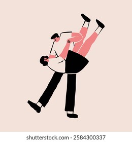 Dancing couple. Cartoon characters. Abstract people with small heads in dance movement. Dating, love, relationship, flirting, fun, passion, sport concept. Hand drawn trendy Vector illustration