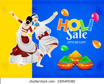 Dancing couple character with color pots illustration for Holi sale poster or banner design.