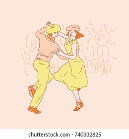 dancing couple character hand drawn illustrations. vector doodle design 