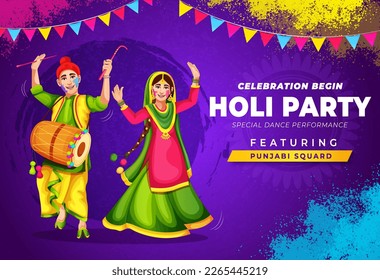 Dancing couple character on the occasion of Holi celebration. Party header or banner or template design for advertising concept. Powder color gulal for Happy Holi Background.