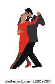 Pareja bailarina, bailarina Bachata, Salsa, Flamenco, Tango, Latina Dance. Gente bailarina con traje formal en posición de baile. Estilo de caricatura vectorial plano ilustración realista aislada en fondo blanco.