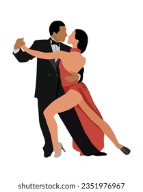 Dancing couple, Dancer Bachata, Salsa, Flamenco, Tango, Latina Dance. Man and woman in dance pose. Cartoon style vector realistic illustration isolated on white background